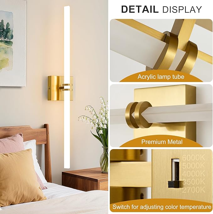 Bathroom Light Fixtures,Gold 28W LED 360° Full Lighting Modern Wall Sconce Vanity Light with 5-Color Dimmable 3000K-6000K, 29.92inch Vanity Lighting for Bath, Powder Room, Bedroom, Hallway