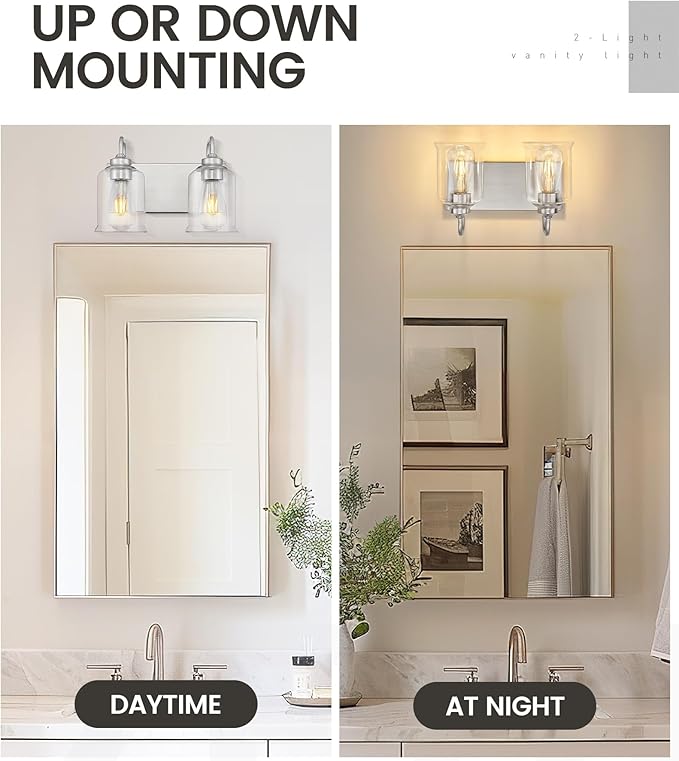 zeyu 12.5 Inch Modern Bathroom Vanity Light Fixtures, 2-Light Wall Mirror Light for Bathroom, Brushed Nickel Wall Sconces with Clear Glass Shade, ZSL72B-2W BN