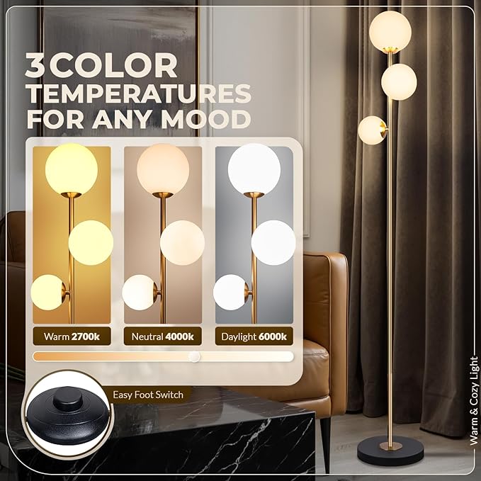 3 Globe Floor Lamps for Living Room, Mid Century Modern Standing Lamp with 3 Color Temperatures, Vintage Retro Tall Light with Frosted Glass Shades and LED Bulbs for Bedroom Office Corner (Gold)
