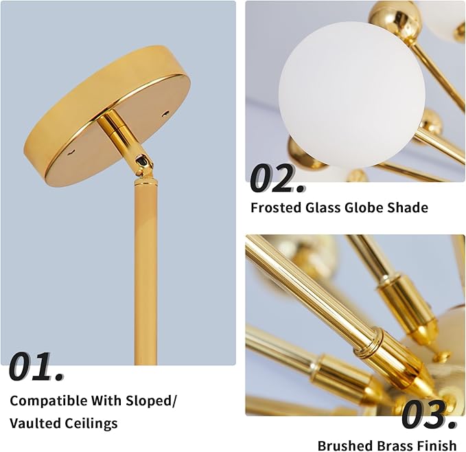 KCO Lighting Sputnik Chandelier Lighting Fixture Gold Mid Century Modern Hanging Pendant Light, Frosted Glass Modern Ceiling Pendant Light Living Room Dining Room (11 Lights)