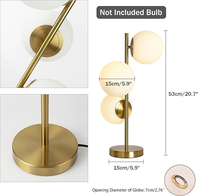 Gold Globe Table Lamp Mid Century Modern Desk Lamp 3-Light Side Table Lamp Bedside Lamp with 5.9" Milk White Glass Shade End Table Lamps for Bedroom Living Room Office Study Room