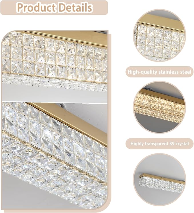 L48 Rectangular Chandelier Flush Mount Rectangle Chandelier Modern K9 Crystal Chandeliers Light Fixture for Dining Room Bedroom Bar Gold Crystal Ceiling Lights