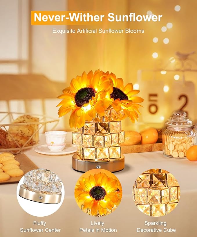 Fussion Sunflower Lamp Gifts for Women, Rechargeable Warm Flowers Night Light, 3 Color Temperature Stepless Dimming Touch CordlessTable Lamp, Birthday Gift for Mom Grandmom Girlfriend
