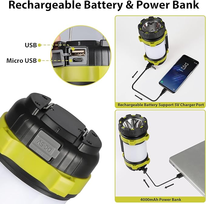1 Pack Camping Lantern, Outdoor LED Camping Light, Rechargeable Flashlights with 1000LM, 6 Modes, 4000mAh Power Bank, IPX5 Waterproof Portable Emergency Camp Light for Hurricane Hiking - Green