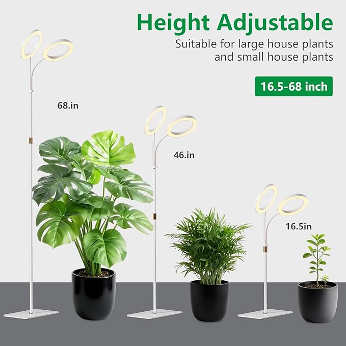Full Spectrum Grow Light with Stand for Indoor Plants, Floor Plant Light, 6/12/18H Timer, 3 Color Modes, Adjustable Height 16.5–67in, for Large Plants & Home Décor(2 Heads White)