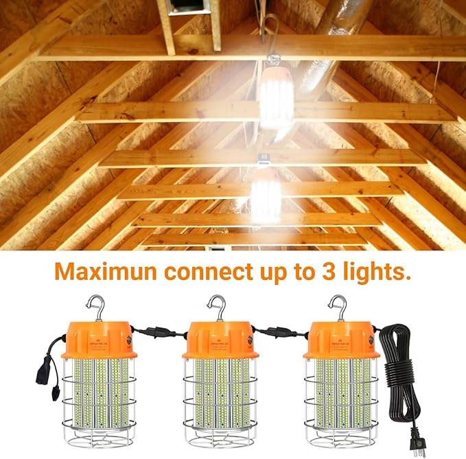250W LED Temporary Work Light, Portable Hanging Work Construction Light,5000K 35,000 Lumens Light with Stainless Steel Shield and Hook,for Indoor Mine Job Site Lighting, Plug and Play