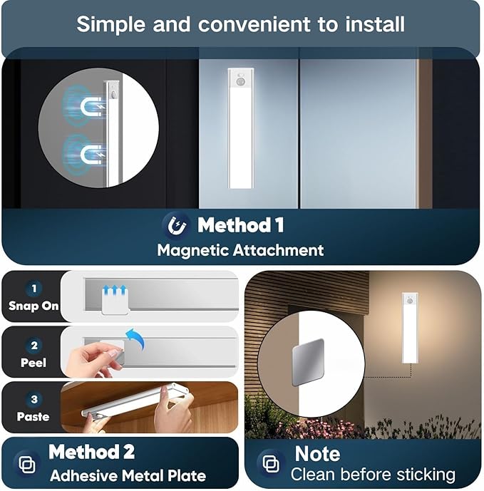 Motion Sensor Under Cabinet Lighting-Magnetic Rechargeable Closet Lights for Kitchen,Stairs,Wardrobe | 3-Color Dimmable LED Under Counter Lighting | Pro Battery Upgrade (4, 8 inch)