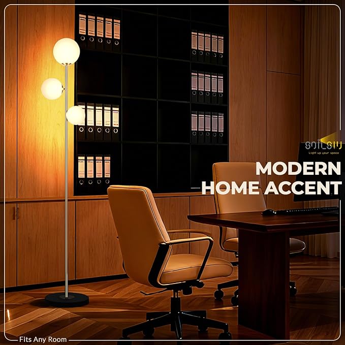 3 Globe Floor Lamps for Living Room, Mid Century Modern Standing Lamp with 3 Color Temperatures, Vintage Retro Tall Light with Frosted Glass Shades and LED Bulbs for Bedroom Office Corner (Gold)