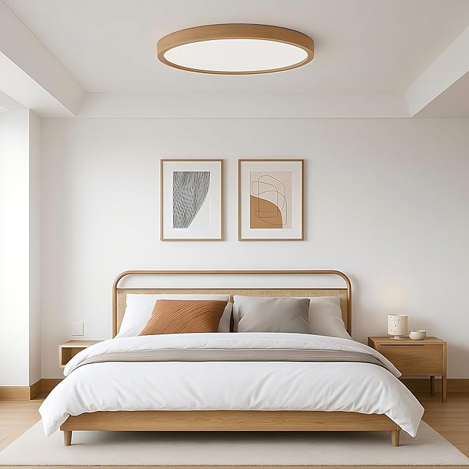 Ultra-Thin LED Ceiling Light Fixture 20.47", Handcrafted Natural Wood Modern Wabi-Sabi Style, Slim 2.5cm Profile, 37W LED 3000K-4000K-6000K, Round Minimalist Lamp for Bedroom Kitchen Hallway