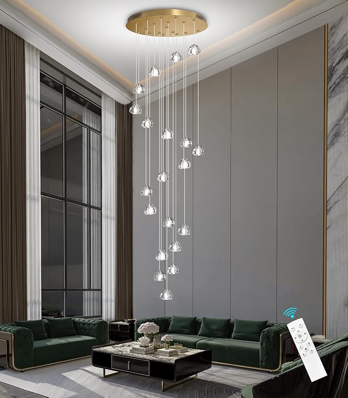 LED Glam Chandelier 138 inches Long Light Luxury Crystal Ceiling Chandeliers Remote Dimmable High Ceiling Pendants Lighting Fixtures Gold 20 Lights