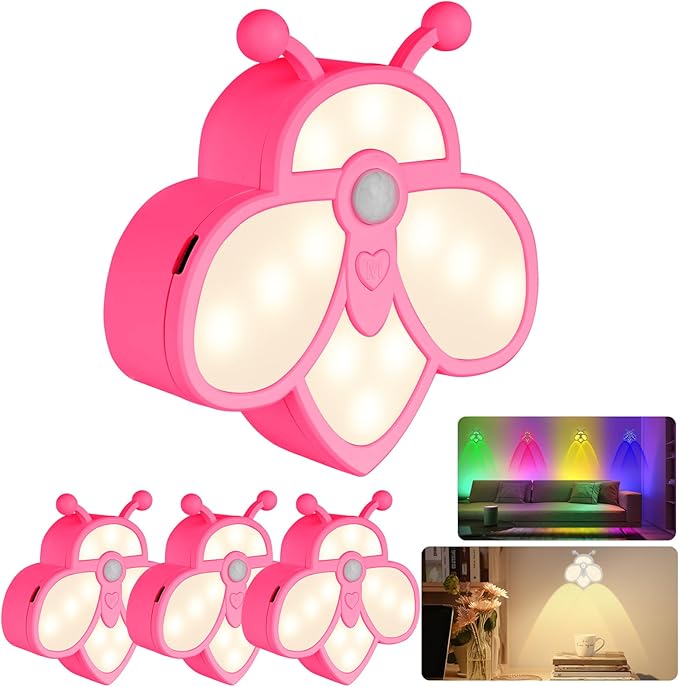 Rechargeable Motion Sensor Night Light for Kids | Warm White & RGB | Cute Bee Design | Magnetic Mount | Indoor Light for Bedroom, Kids' Room, Stair, Bathroom(Pink, 4 Pack)