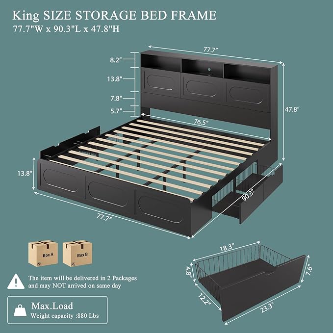 Black King Bed Frame with Storage Drawers, King Size Bed Frame with 48" Tall Storage Headboard and Charging Station, Platform Bed with LED Lights, No Box Spring Needed, Easy Assembly