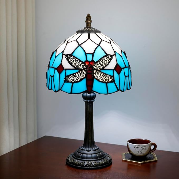 Tiffany Table Lamp Blue Dragonfly Stained Glass Bedside Lamp Antique Unique Cute Accent Nightstand Light for Home Living Room Office Dormitory Bar Decorate