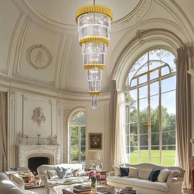 Large Crystal Chandelier Modern 32-Inch Gold Round Foyer Light Fixture 19-Light 7-Tier Luxury K9 Crystal Chandelier for High Ceilings Living Room, Staircase and Entryway