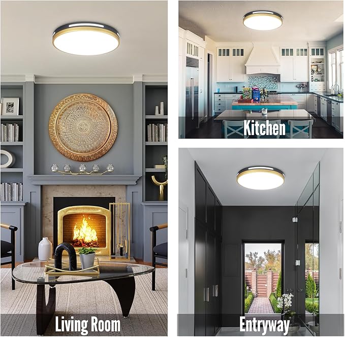 15 Inch LED Flush Mount Ceiling Light Fixture Black and Gold, 36W Dimmable Modern Kitchen, Bedroom, Bathroom, Living Room Lighting Fixture