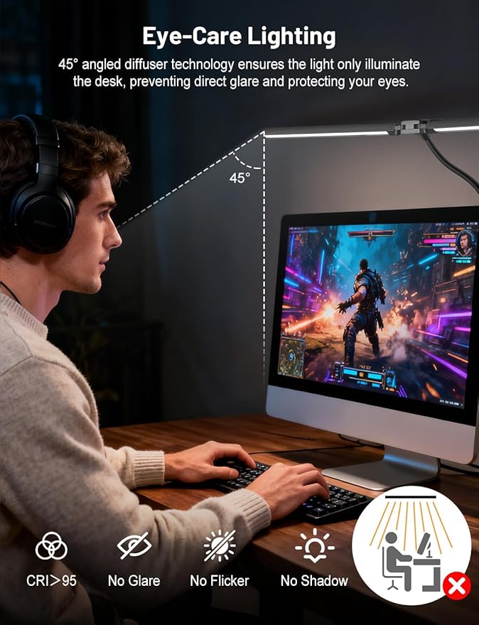 32.8'' Desk Lamp with Clamp for Home Office, Eye-Caring LED Desk Lamp, Dimmable Table Clip Lamp for Dual Screen Computer Monitor, Adjustable Color Lighting Mode Computer Monitor Light