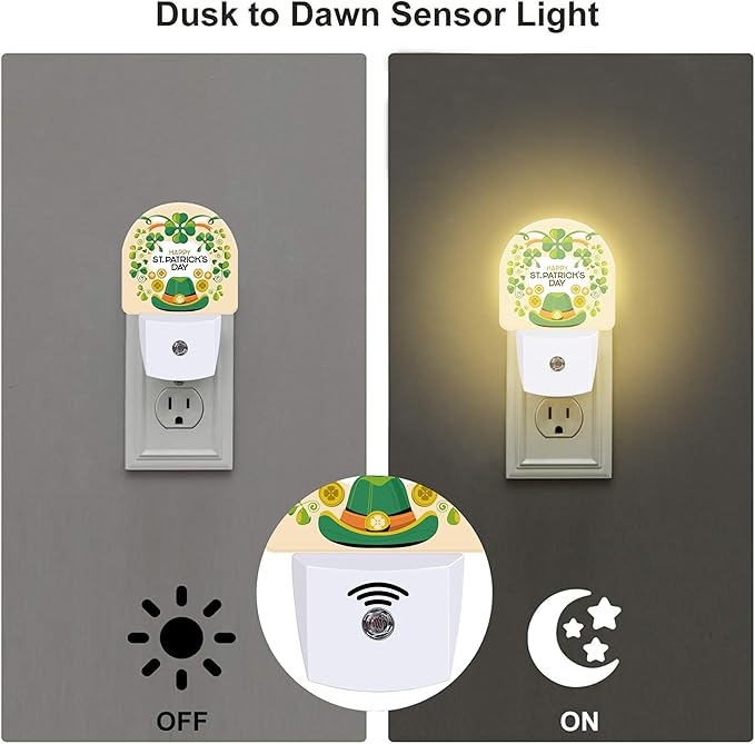 Happy St. Patrick's Day Night Light for Kids,Green Clover Hat and Coins Night Light Plug in with Dusk to Dawn Sensor, 0.5w Energy Saving Sleep Friendly Nightlight for Hallway Stairway Kitchen Bedroom