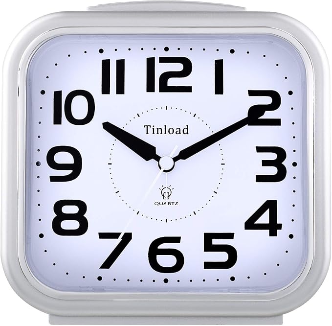 5.5" Large Analog Alarm Clock Silent Non Ticking, Gentle Wake, Beep Sounds, Increasing Volume, Battery Operated Snooze and Manual Light, Easy Set, Silver