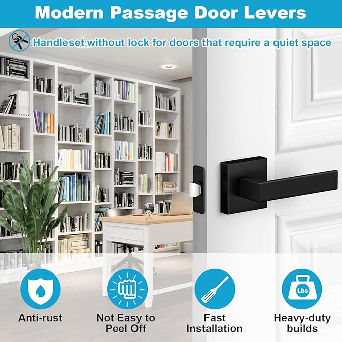 Estmoon 5 Pack Passage Door Handles Matte Black Door Knobs, Interior Door Knobs Square Heavy Duty Non-Locking Handlesets Hall Closet Handles, Reversible for Right & Left Sided Doors