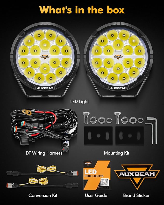 Auxbeam RAY-L Series 7 Inch Round Offroad Lights Amber White DRL Function 3 Modes LED Spotlights 240W 25800LM Dual Color Driving Off-Road Lighting, Pair