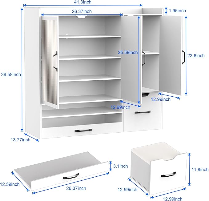 Shoes Storage Cabinet with 3 Doors,Fluted Shoe Cabinet with LED Light,Hidden Shoe Bench with Storage Freestanding Shoe Organizer Cabinet for Entryway,Hallway
