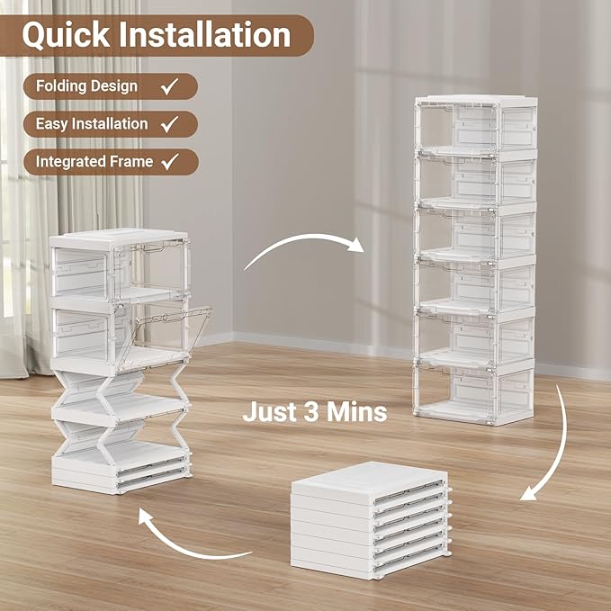 BROVIEW Led Shoe Boxes, Shoe Display Case with Lights, Large Clear Plastic Foldable Shoe Storage Box, Voice Activated Led Shoe Organizer Sneaker Case, Collection Crate, 1 Row 6 Tier White