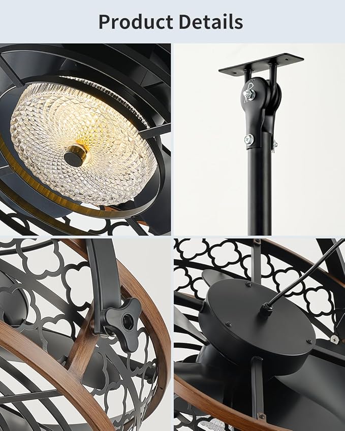 Outdoor Ceiling Fan with Light, IP55 Rated Waterproof Ceiling Fan with Tilting Head & Plug in Cord Remote and App Control - Caged Design for Patios Garage Gazebo Pergolas Pavilions 20 Inch