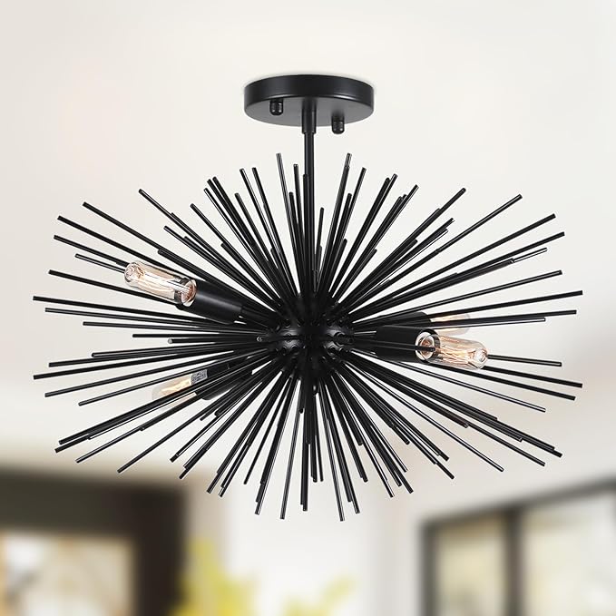 20" Vintage Black Sputnik Light Fixture 4-Lights Starburst Sputnik Black Chandelier Modern Solid Metal Semi Flush Mount Ceiling Light for Bedroom, Kitchen, Hallway, Laundry Room, E12