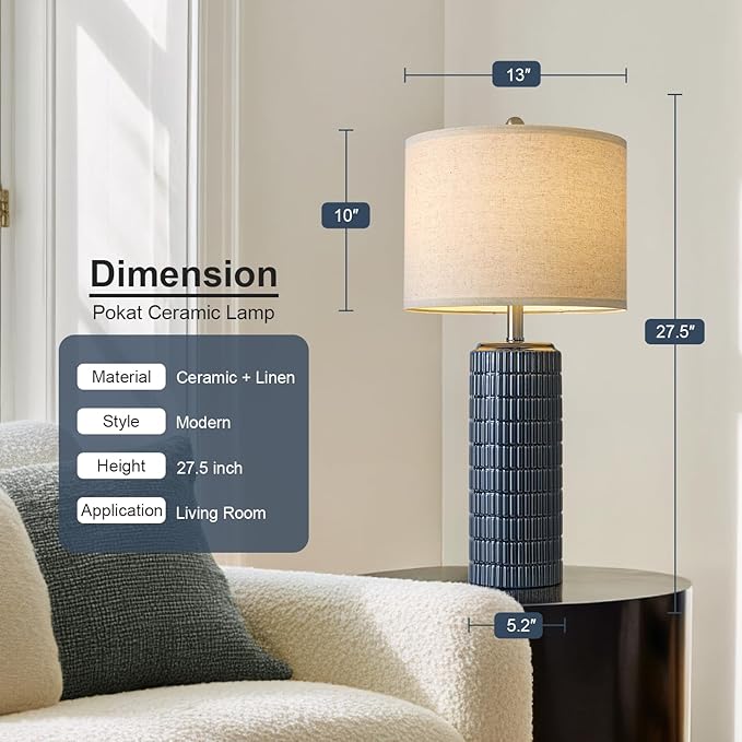 PoKat 27.5'' Tall Table Lamps for Living Room Set of 2, Ceramic Bedroom Lamps for Night Stands, Modern Bedside Lamps for Bedroom Living Room, Nightstand Lamps for Side End Table Hallway, Blue