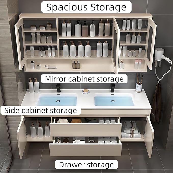 72IN Suspend Bathroom Vanity - Bathroom Cabinet with Double Sinks | Smart Defogging Mirror Cabinet Includes Time Display & LED Lighting, Open Storage Shelves, 2 Drawers (Dark Gray)