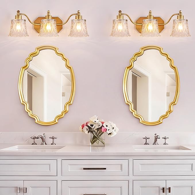 Vintage Bathroom Light Fixtures, 3-Light Gold Vanity Light, Antique Brass Finish with Crystal Glass Shade, Brushed Gold Vanity Lights for Bathroom Bedroom Hallway