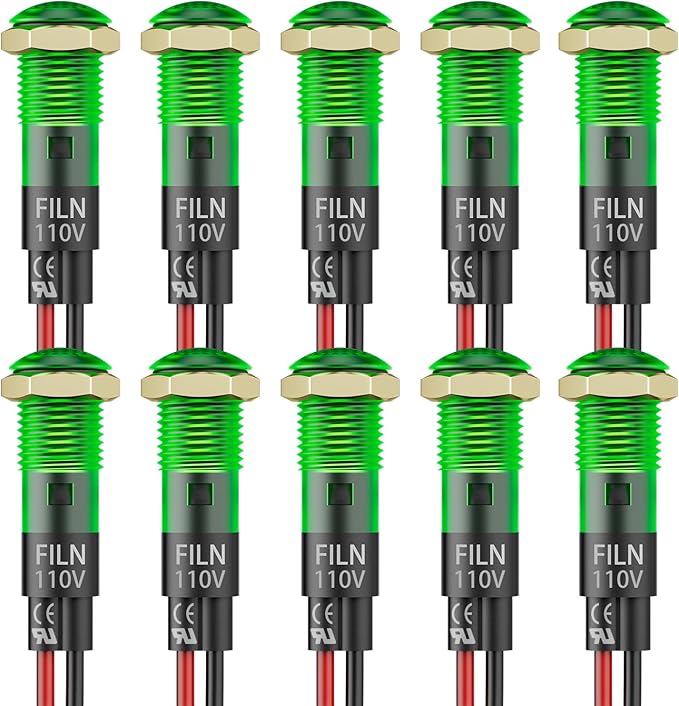 10PCS Small 110V LED Indicator Light, 8mm (5/16") IP67 Waterproof Low Power Pilot Lights Panel Mount for Car, Truck, Boat, Dash（10PCS Green LED