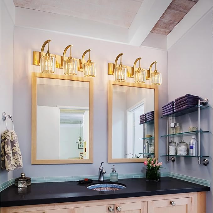 3-Light Crystal Vanity Light, Modern Gold Bathroom Wall Sconce with K9 Crystal Shades, 23.62" Long Over Mirror Lighting for Vanity, Makeup, Hallway, Elegant & Durable