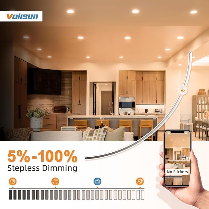 VOLISUN 24 Pack 3 inch Recessed Lighting, 5CCT LED Recessed Light with Junction Box, 2700K-5000K Selectable, Dimmable Canless Wafer Downlight, LED Ceiling Light ETL Certificated