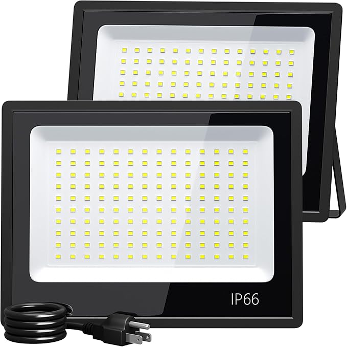 XXBSAZ 2 Pack 100W LED Flood Lights Outdoor, 12500LM Plug-in Hardwire Work Light IP66 Waterproof - 6500K Daylight Bright for Yard, Garage, Stadium
