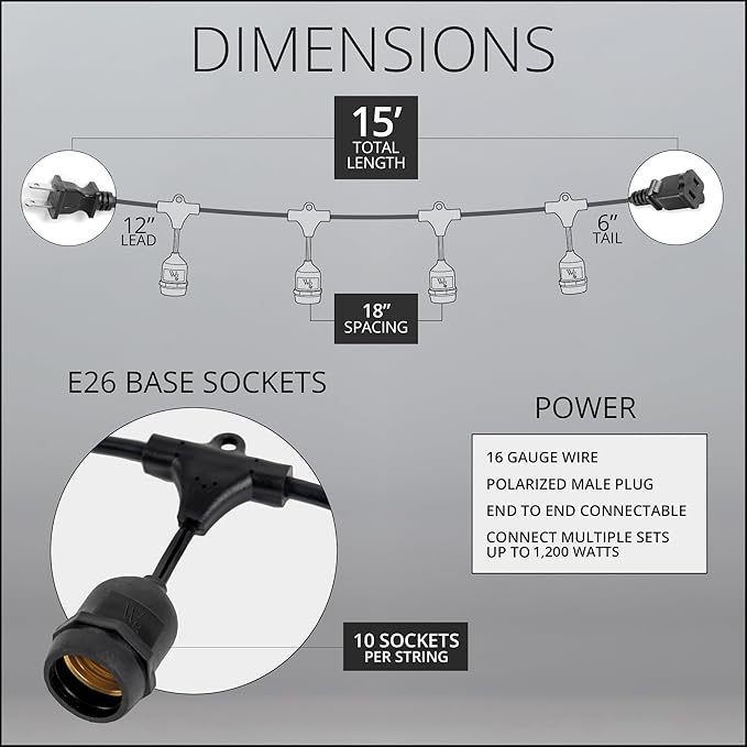 15-ft 10 Suspended Sockets E26 Commercial Patio Light Stringer, Heavy Duty Weatherproof SJTW Black Wire, 18" Spacing, 16 AWG, Cord Only