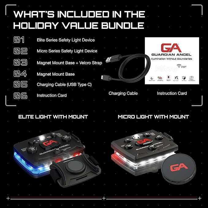 Safety Light Holiday Value Bundle (2 Pack): Elite (Red/Blue/White Front, Red/Blue Rear) + Micro (White Front, R Rear) – Hands-Free LED Flashlights for Law Enforcement and Recreational Use