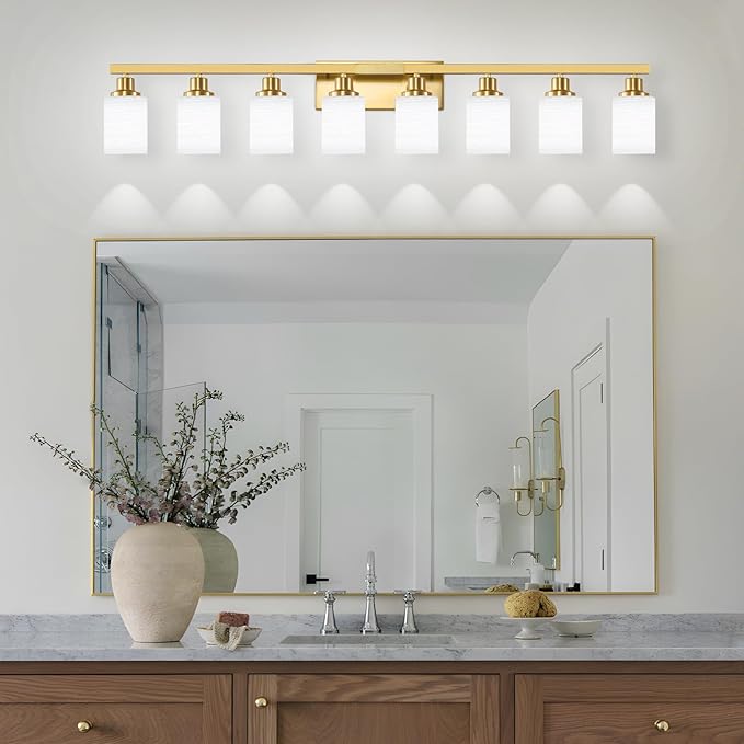 52inch Gold Bathroom Light Fixtures, Modern Bathroom Vanity Light with Milky White Glass Shade, Gold Wall Lamp Sconces for Mirror Bedroom, Living Room Hallway