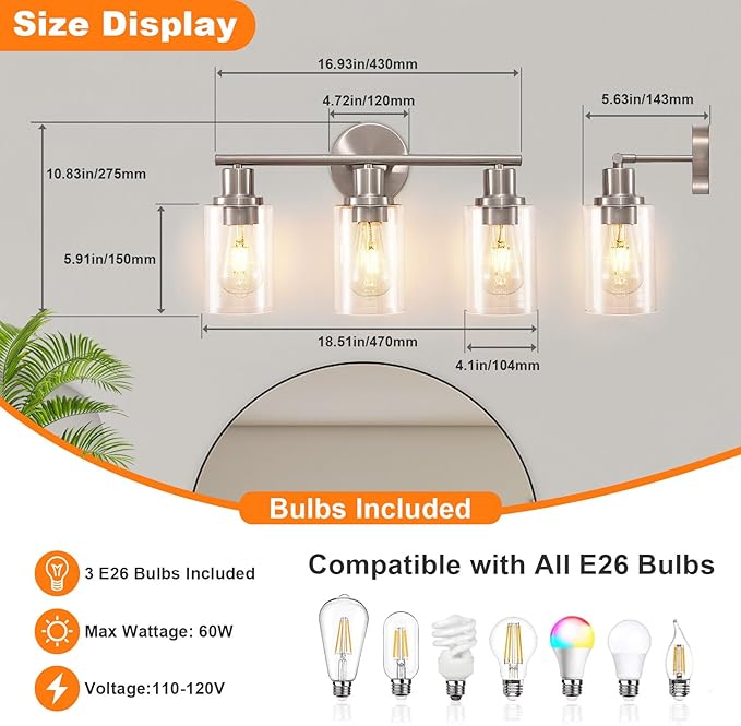 DLLT 3-Light Bathroom Light Fixtures: Nickel Modern Vanity Lights with E26 Bulbs - Clear Glass Shade Bathroom Wall Lamp for Mirror Kitchen Living Room Hallway Cabinet Porch