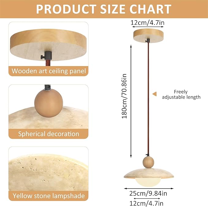 Wabi Sabi Pendant Light,Yellow Travertine Japandi Japanese Minimalist Stone Light Fixture,Adjustable Nordic Hanging Lamp for Kitchen,Bedroom,Vanity Japandi & Japanese Light Fixture(Natural wood color)