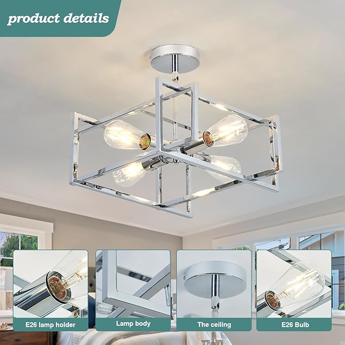 ZGLAOJT 4-Lights Ceiling Light Chrome Light Fixture Industrial Flush Mount Ceiling Light Farmhouse Chandelier Lighting for Kitchen Island Dining Room Bedroom Foyer Hallway.