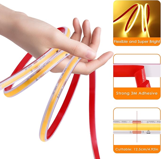 110V COB LED Strip Light - 65.6ft/20m 6000K Cool White IP65 Waterproof Light Strip Super Bright 5920LEDs Cuttable Tape for Indoor Ceiling Commercial House Outdoor Garden Terraces DIY Lighting Projects