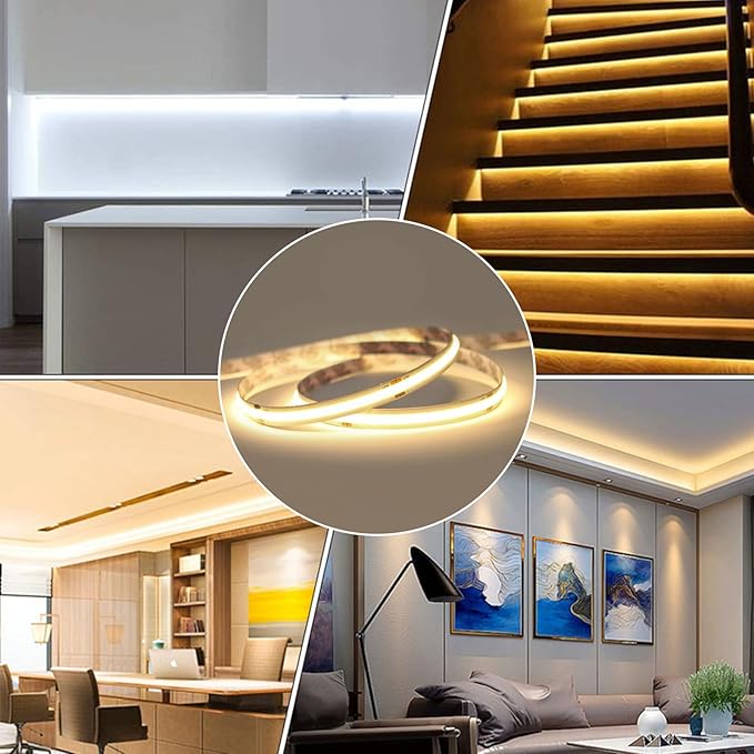 COB LED Strip Lights Warm White 3000K, DC24v 16.4ft/5m High CRI 92Ra+ Flexible LED Tape Lighting DIY Cuttable for Bedroom Kitchen Cabinet Shelf (Power Supply&Dimmer Not Included)