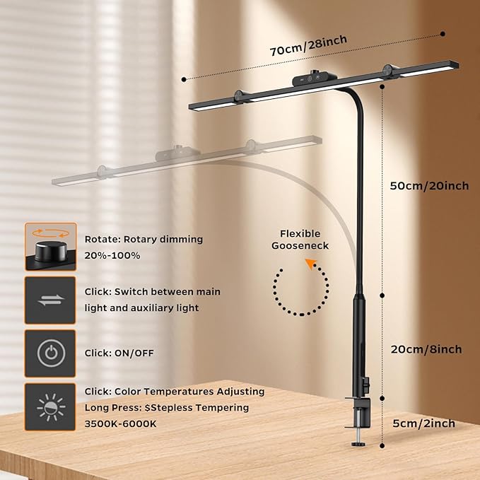 LED Desk Lamp with Clamp, 24W Architect Light, Auto-Dimming, Stepless Brightness Control, Atmosphere Lighting for Home Office