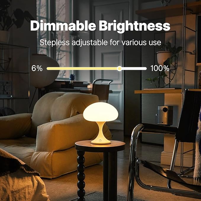 Mushroom Lamp, 5W LED Cordless Rechargeable Table Lamp with Glass Shade, Small Retro Dimmable Touch Light with 3 Color Temps, Aesthetic Mid Century Bedside Light for Bedroom Ambient, White