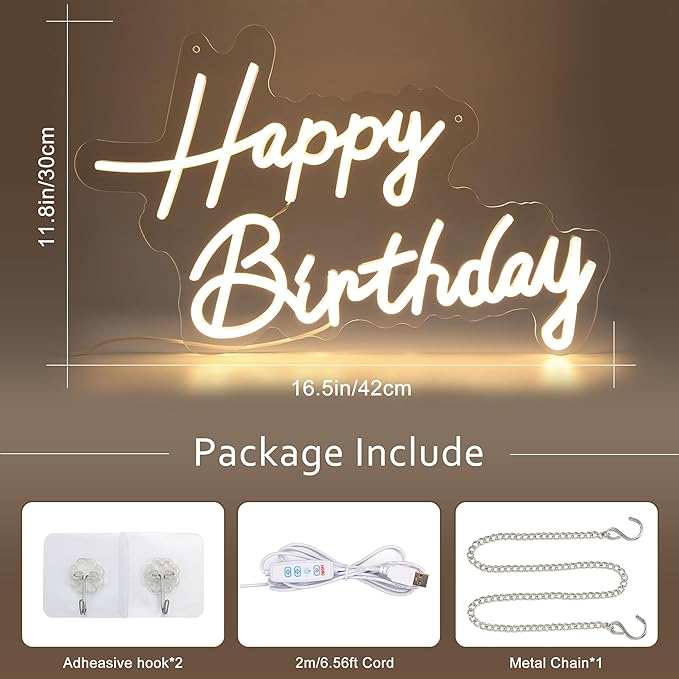Mornajina 16.5'' x 11.8'' Happy Birthday Neon Sign for Backdrop, USB Powered Happy Birthday Led Sign for Backdrop Light up Sign Dimmable Neon Light for Birthday Party Decorations (Warm White)
