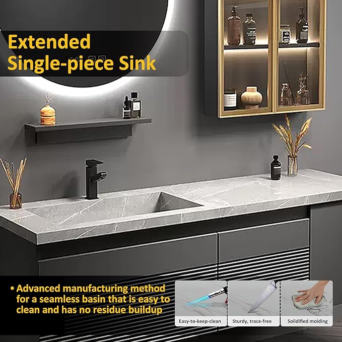 Modern Wood Bathroom Vanity - Additional Side Cabinets with Ambient Lighting & Glass Cabinet | Luxurious Bathroom Vanity with Sink, LED Defogging Function (64'')
