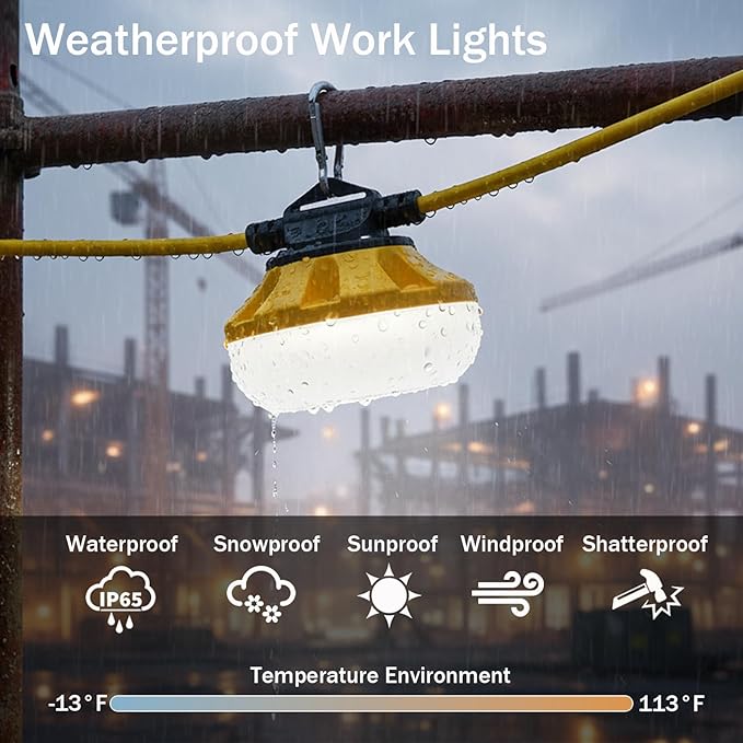 100FT LED Construction String Lights, 10 Bulbs Waterproof Linkable Industrial String Work Lights & Hooks, 5000K Daylight Temporary Lighting for Jobsite Attic Cralspace