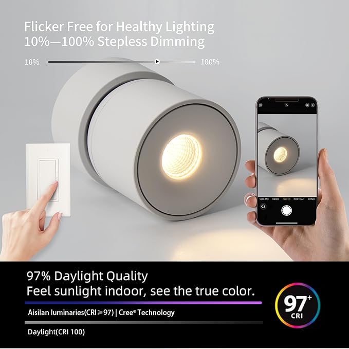 Aisilan LED Indoor White Ceiling Spot Light 9W Surface Mounted Light Fixture with 360° Pivoting Spotlight, Dimmable Warm White 3000K CRI 97+ for Picture Panting Living Room Bedroom Accent Lighting