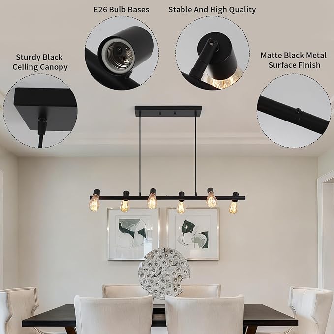 Black Dining Room Light Fixture Over Table, 6-Light Modern Linear Chandelier Farmhouse Rustic Lighting with Adjustable Height Metal Industrial Island Lights for Kitchen Living Room